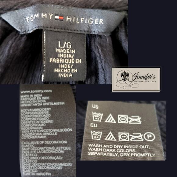 3/$25 Tommy Hilfiger Women's Navy Blue w/White Embroidery Front Tie Top Size L - Picture 8 of 10